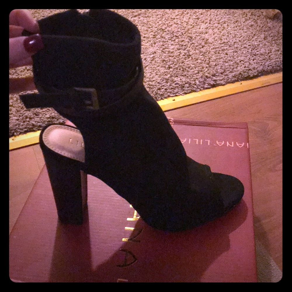 Open toe bootie heels with belt accent